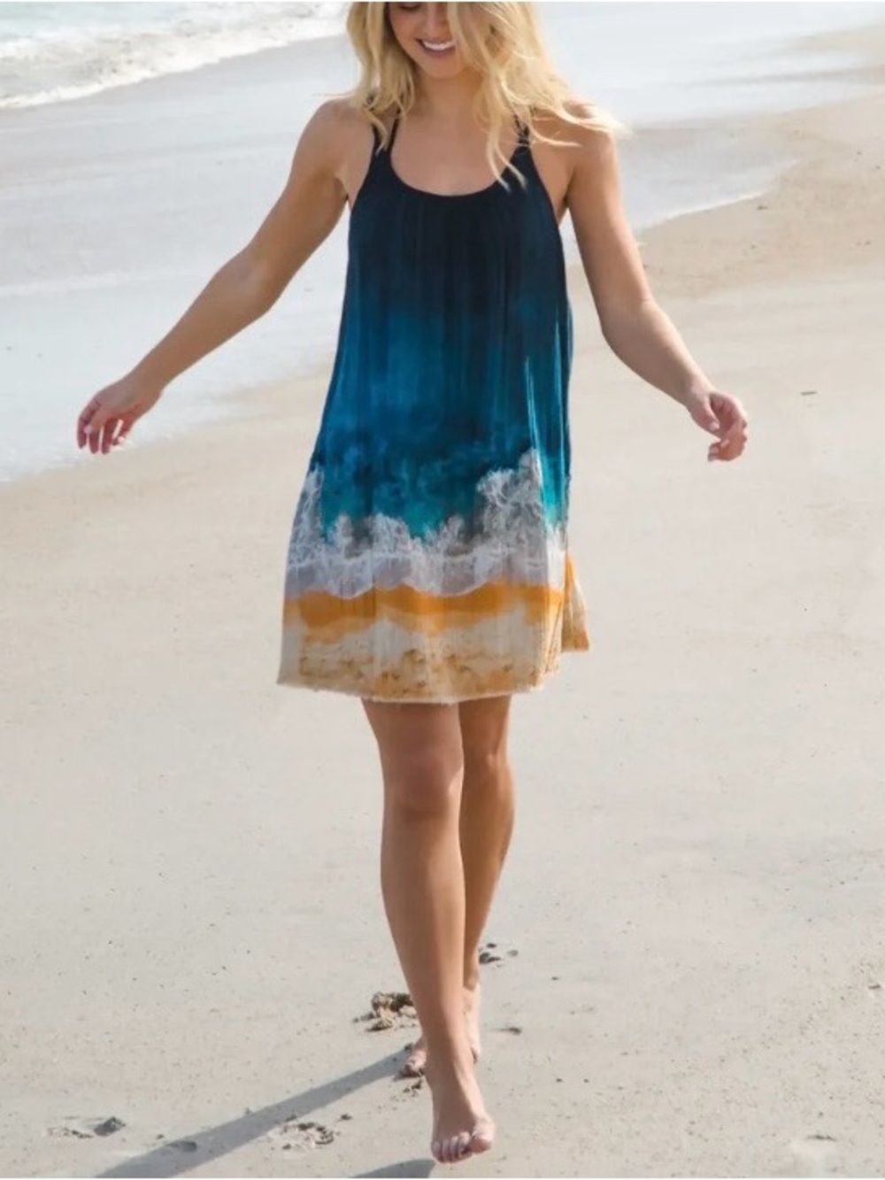 NATURAL LIFE Teal to Navy Ombre Beach Dress with Gold Stripe
